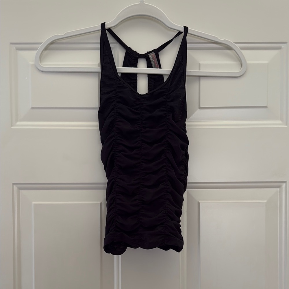 Black Ruched Sleeveless Tank Top with Open Back